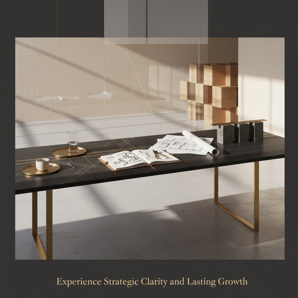 Modern executive consulting workspace with architectural plans symbolizing strategic clarity, operational planning, and business growth.